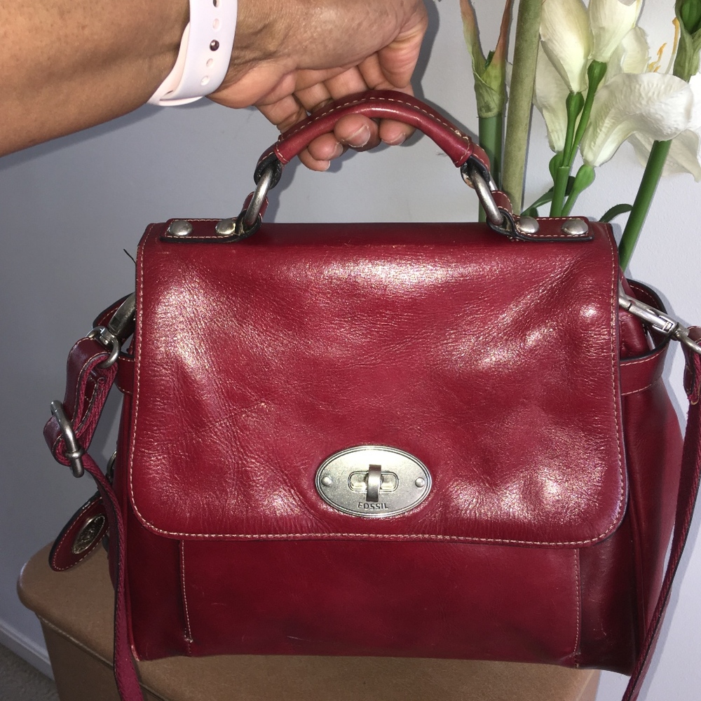 Fossil red leather satchel cross body/handbag